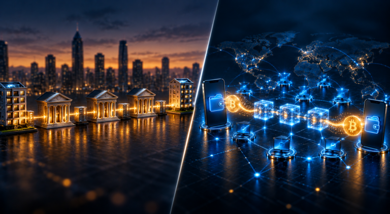 Bank transfer vs Bitcoin transaction: how a payment moves through banks, clearing and settlement compared with nodes, miners and the blockchain