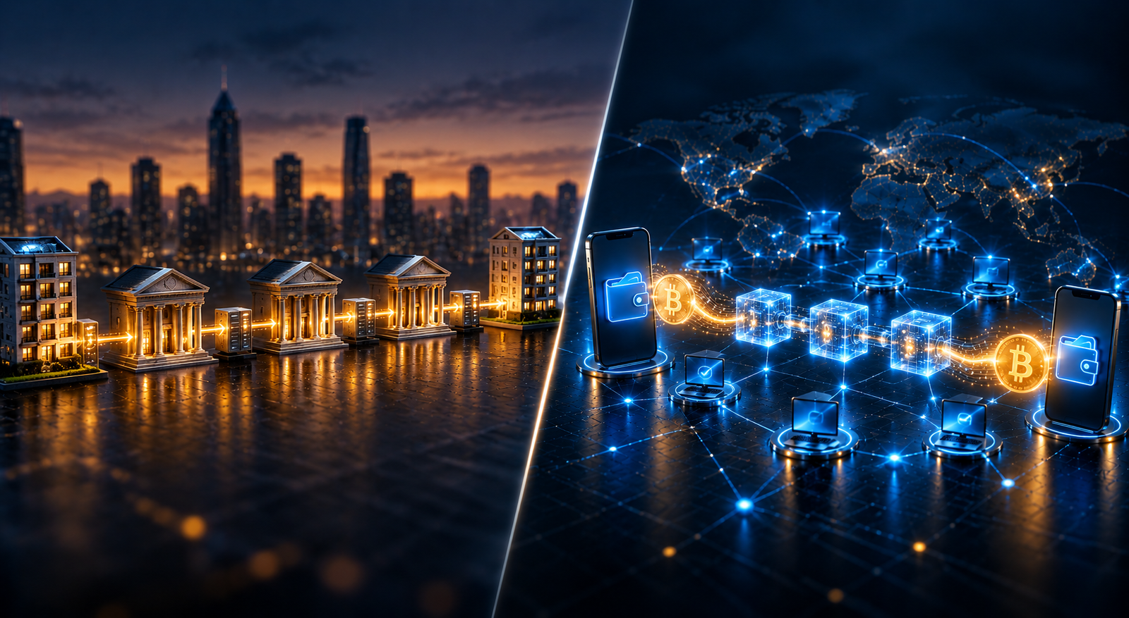 Bank transfer vs Bitcoin transaction: how a payment moves through banks, clearing and settlement compared with nodes, miners and the blockchain