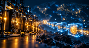 Illustration of Bitcoin mining: a block of transactions being linked to the blockchain through Proof of Work