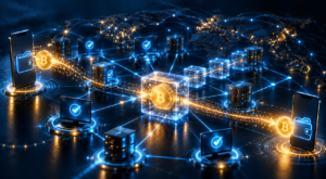 Illustration of how a Bitcoin wallet signs a transaction with a private key and how network nodes verify that signature