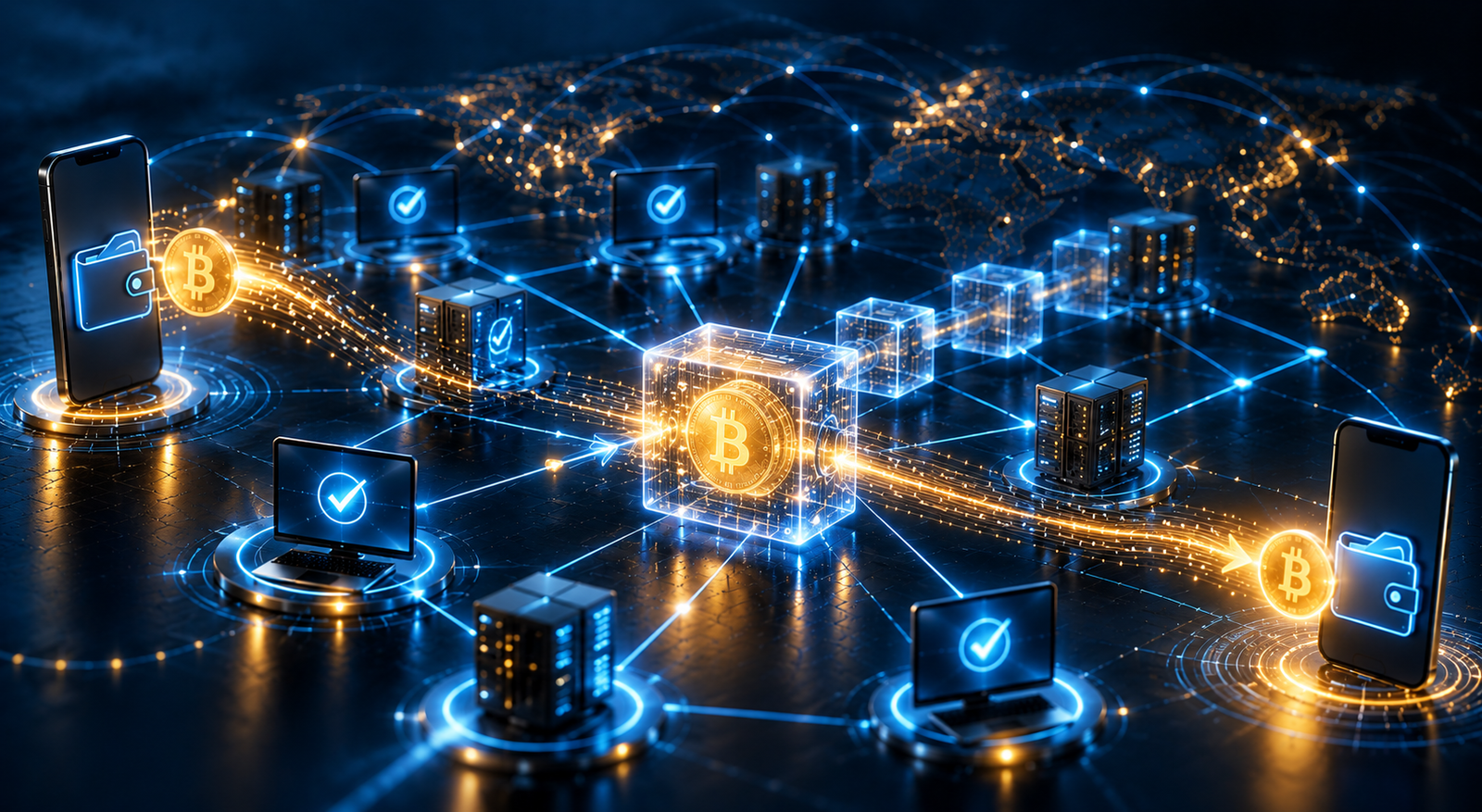 Illustration of how a Bitcoin wallet signs a transaction with a private key and how network nodes verify that signature