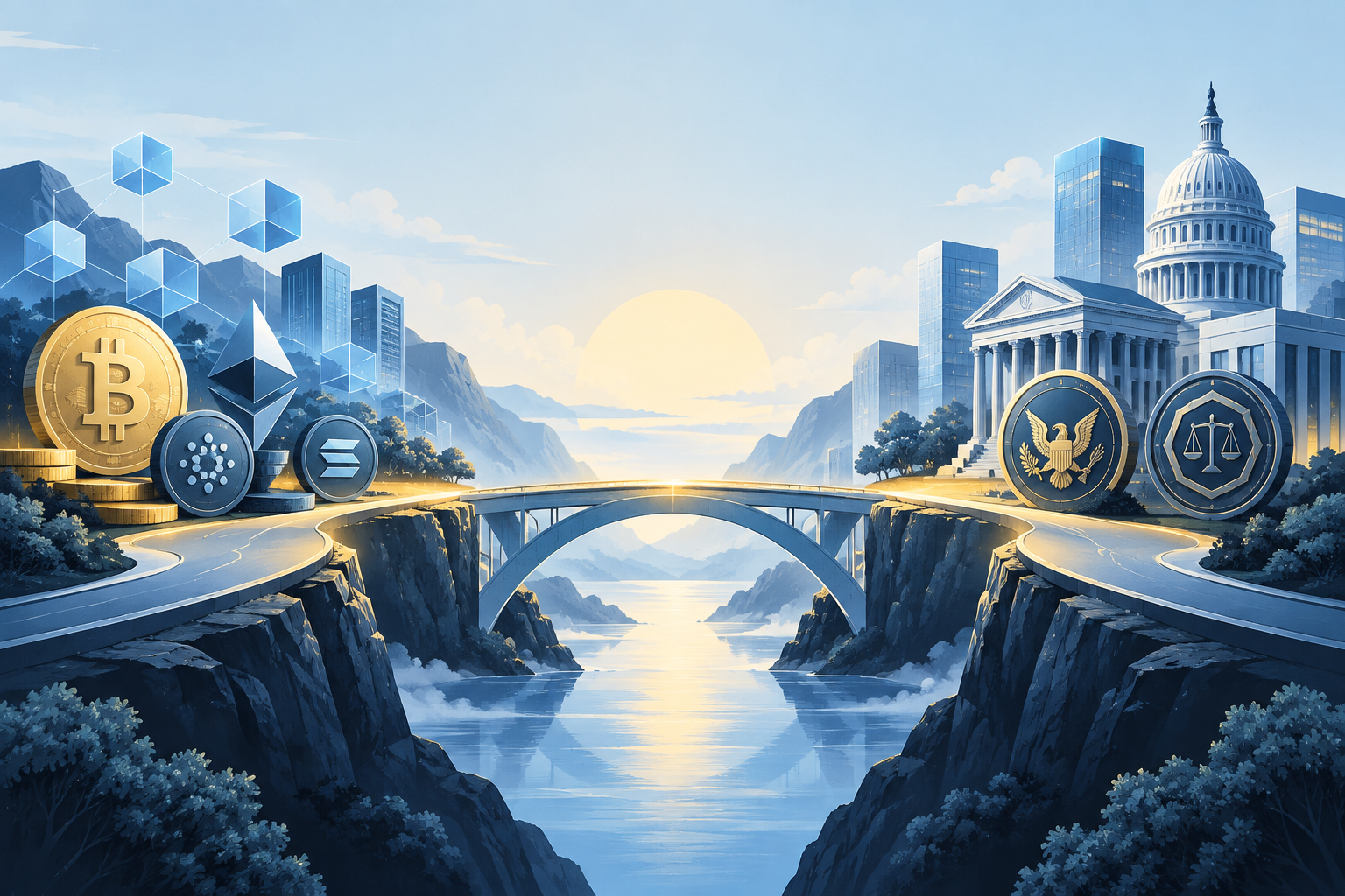 Conceptual illustration of cryptocurrency and traditional financial regulation connected by a bridge, representing the evolving crypto regulatory framework.